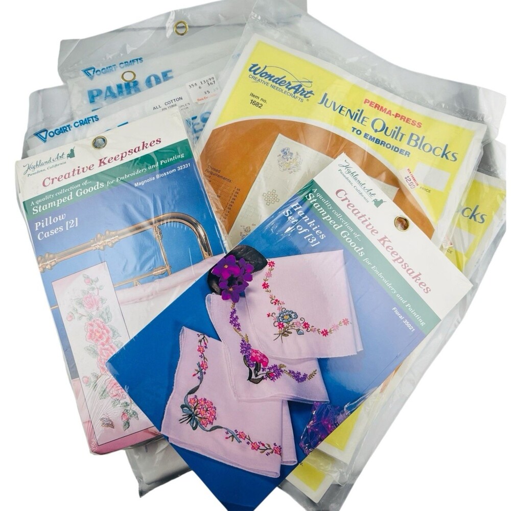 Embroidery Paint Stamp Kit WonderArt Quilt Block Pillowcase Hankies 6 Vtg NEW